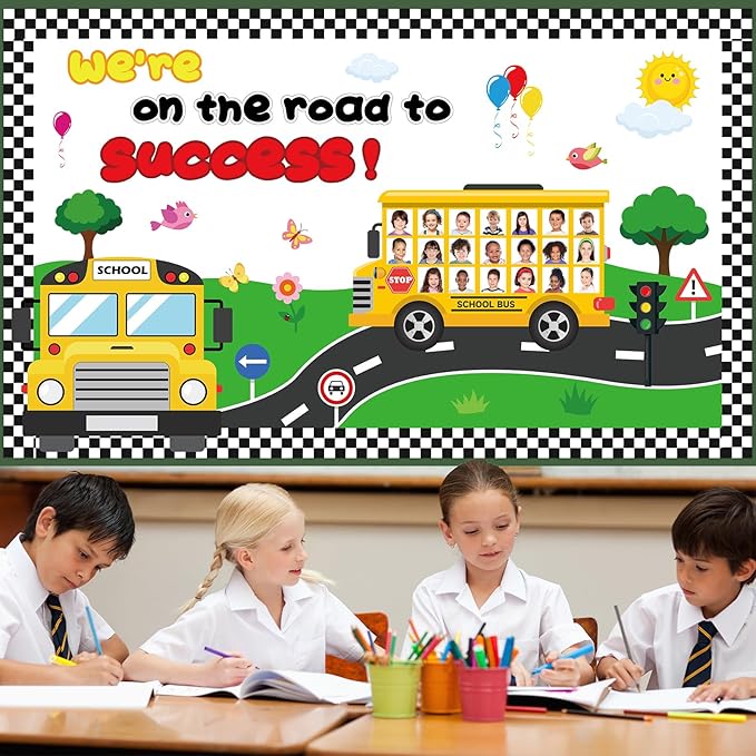 gisgfim Back to School Bulletin Board Classroom Decoration School Bus Cutouts We' re On The Road to Success Bulletin Board for Classroom Back to School Door Chalkboard Nursery Wall Decor Supplies