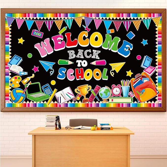 Welcome Back to School Bulletin Board Decorations First Day of School Theme Classroom Bulletin Board Border Set Pencil Notebook Schoolbag Paper Cutouts Preschool Chalkboard Wall Decor