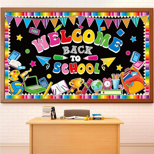 Welcome Back to School Bulletin Board Decorations First Day of School Theme Classroom Bulletin Board Border Set Pencil Notebook Schoolbag Paper Cutouts Preschool Chalkboard Wall Decor