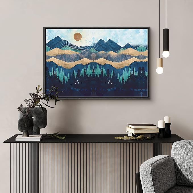 SIGNFORD Framed Canvas Print Wall Art Woodland Nursery Decor Blue Mountains & Forest Under Shining Sun Abstract Wilderness Modern Art Rustic Scenic for Living Room, Bedroom, Office - 24"x36" Black