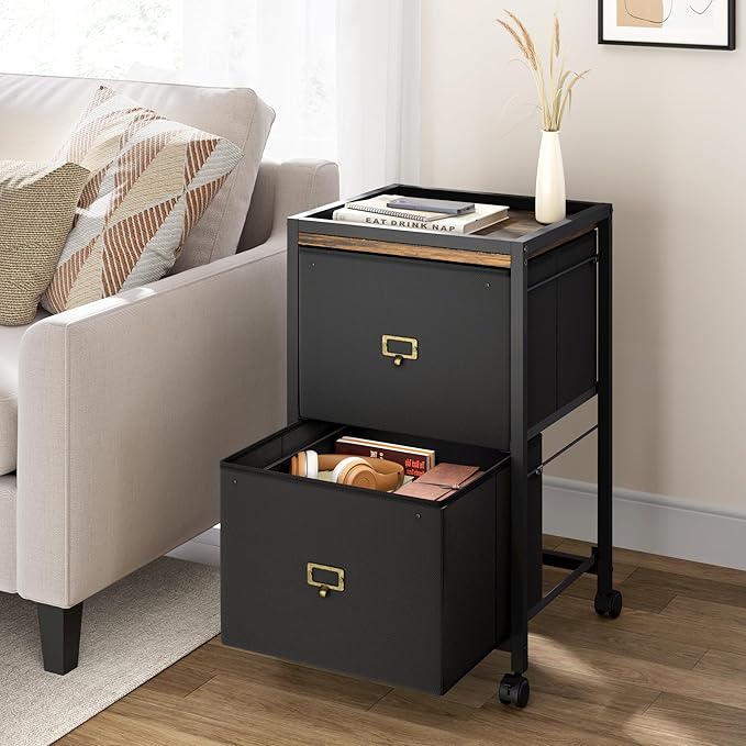 IDEALHOUSE 2 Drawer File Cabinet, Mobile Filing Cabinet for Home Office Fits A4 or Letter Size, Fabric Vertical File Cabinet with Wheels, Home Office Small Under Desk Storage Cabinet, Rustic Black