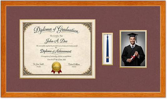 Diploma Tassel and Photo Frame Honey Oak Shadowbox Dark Red Over Gold Mat - Fits 14 x 11 Degree Picture Made in the USA