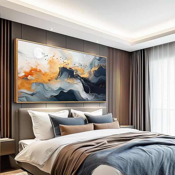 MHARTK66 Abstract Wall Art Large Canvas Picture Ready to Hang Marble Fluid Art with Gold Foil Moon & Bird Design Wood Frame Home Decor for Living Room Bedroom Office Wall Decorative Artwork