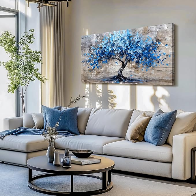 SERIMINO Tree of Life Large Wall Art Prints, Blue Tree Abstract Canvas Art Wall Decor, Nature Plant Artwork for Walls, Modern Aesthetic House Decorations Living Room Bedroom Home Office 29"X57"