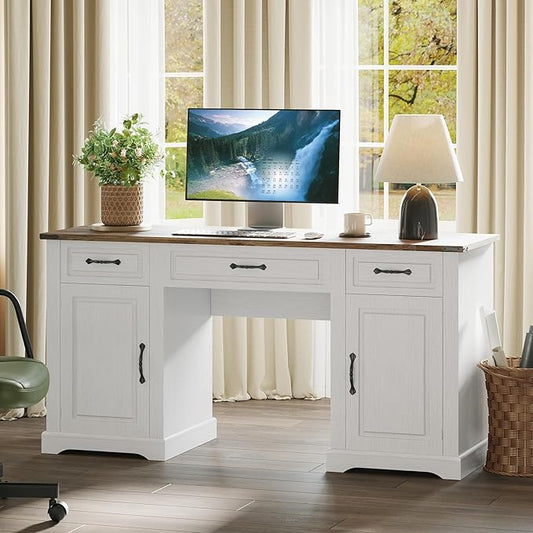 IDEALHOUSE 60" Farmhouse Executive Desk with Drawers, Wood Home Office Desk with Storage Cabinet, Rustic Computer Writing Desks for Home, Study, Work, Antique White