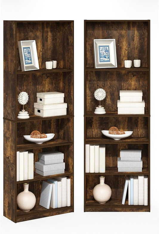 Furinno Jaya Book Shelf Set of 2, 5-Tier Bookshelf, Bookcase, with Adjustable Shelf, 9.5 x 24.5 x 71, for Home Office, Living Room, Amber Pine