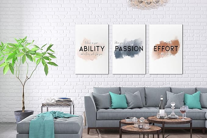 SHMAO Office Canvas Wall Art Motivational Wall Decor, 3 Piece Ability Passion Effort Print Pictures for Office Wall Decor Women Inspirational Framed Artwork Home Office Decor 20”x30”x3 Panels