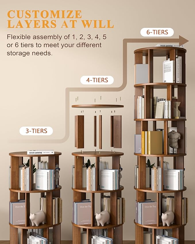 Rotating Bookshelf, 4 Tier Solid Wood Bookshelf Tower with Lockable Wheels, 360° Spinning Revolving Bookcase for Small Spaces, Corners, Bedroom, Kids Room, Home Office, Walnut