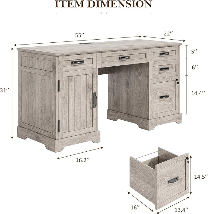 Whalefall 55'' Farmhouse Desk Home Office with Drawers, Executive Computer Desk Wooden with File Cabinet and Charging Station, White Wash Gray
