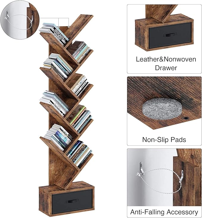Rolanstar Tree Bookshelf with Drawer, 9 Shelf Bookshelf, Wooden Bookcase Storage Rack for CDs/Movies/Books, Corner Bookshelves, Utility Organizer Shelves for Living Room, Bedroom, Rustic Brown