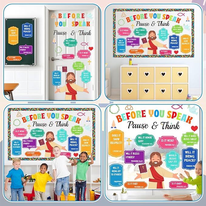 Christian Bulletin Board Set Jesus Bible Verse Church Cross Classroom Decoration Sunday School Bulletin Board Thorn Crown Pigeon Fish Symbol Cutouts for Religion School Chalkboard Wall Decor