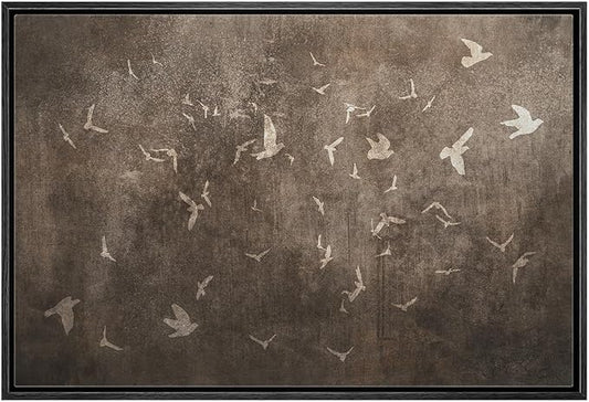 MUDECOR Framed Canvas Print Wall Art Abstract Birds in Flight Subtle Brown Tones Illustrations Minimalism Decorative Relax Colorful for Living Room, Bedroom, Office - 24"x36" BLACK