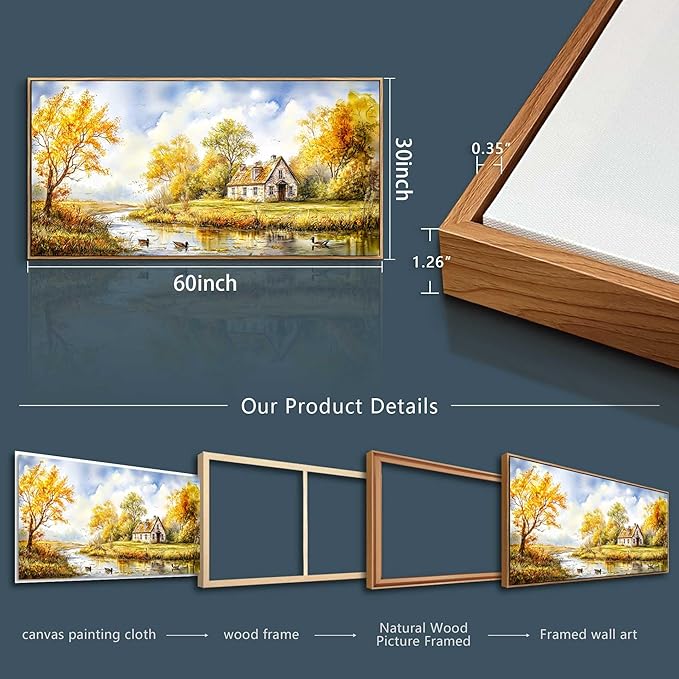 ERQINHUA Large Wall Art For Living Room Canvas Wall Decor For Bedroom Office Dining Room Yellow Pastoral Creek Landscape Painting Prints Pictures Farmhouse Home Wall Decoration 30"x60" Wood Frame