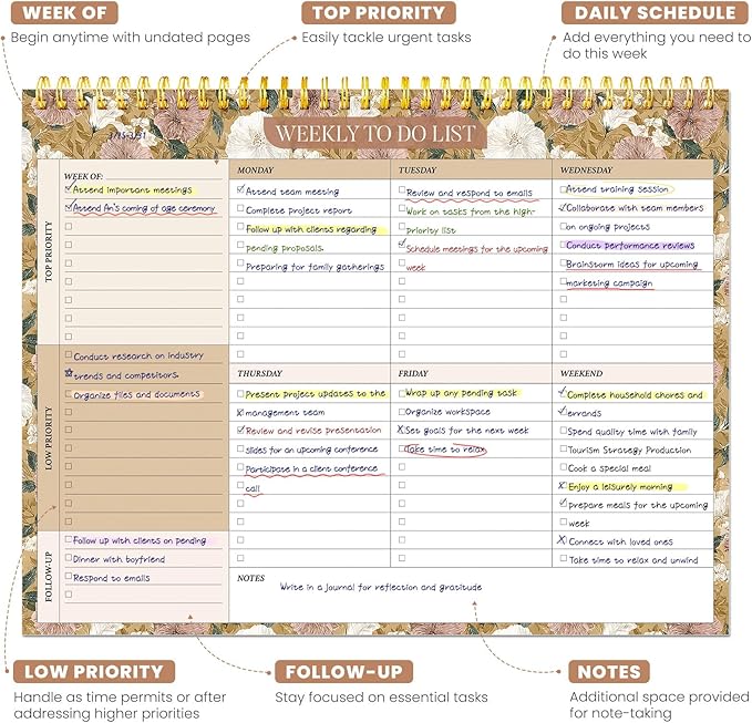 Weekly To Do List Notepad with 52 Undated Sheets（8.5"×11"）- Undated Weekly Planner Notepad for Office Desk Accessories and Supplies - Toffee Blossom