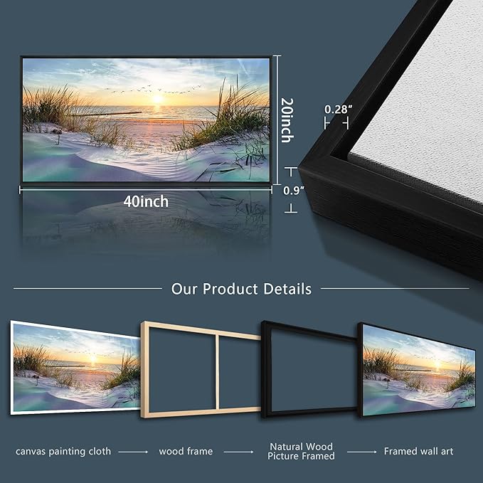 Black Wood Framed Canvas Wall Art For Living Room Large Size Wall Decor For Bedroom Ocean Beach Wall Paintings Office Decorations Sunny Sea Seascape Pictures Works Room Home Decor 20" X 40"
