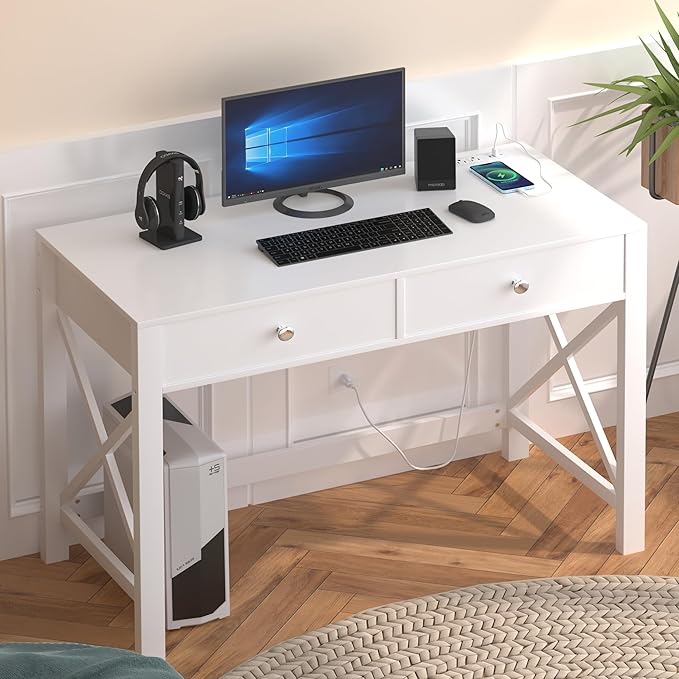 WiberWi Home Office Desk with Drawers, White Modern Writing Computer Desk with Power Outlets, Small Makeup Vanity Table for Bedroom, Study Table for Home Office