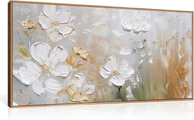 HPNIUB Large White Flower Framed Wall Art Modern White and Gold Floral Canvas Oil Painting Nature Botanical Wall Decor Abstract Aesthetic Artwork for Living Room Bedroom Decor -20"x40"