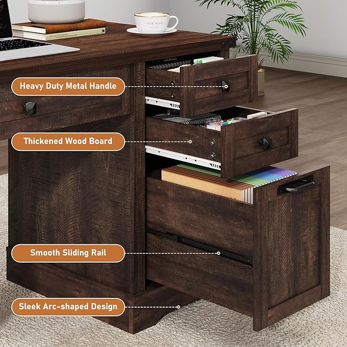 58'' Farmhouse Home Office Desk with Drawers, Wooden Executive Desk with Charging Station, File Drawers and Storage Cabinet, Computer Desk for Work, Study and Writing, Brown