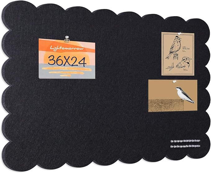 Scalloped Bulletin Board, 36 x 24 Inches Felt Pin Board - Decorative Cork Alternative for Wall, 3' x 2' Foldable Picture Self-Adhesive Vision Prayer Board with 20 Pushpins - Black