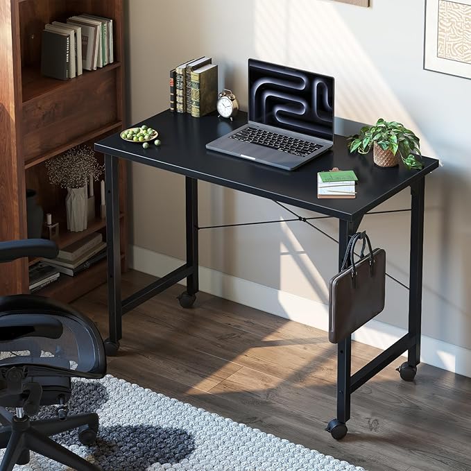 Grandder Rolling Computer 32 inch Desk with Wheels, Wroking Small Desk for Living Room, Modern Simple Style Table for Home Office, Study Writing Table, Caster, Black, 32 inch