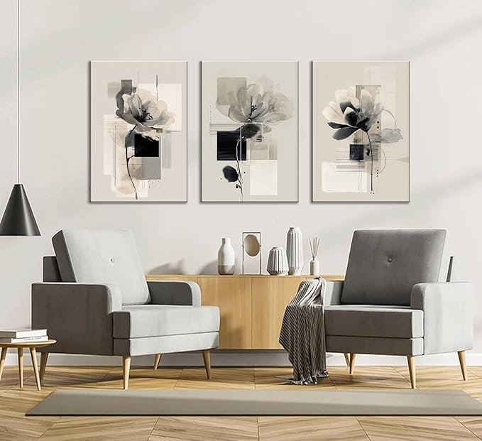 3Pcs Modern Abstract Floral Canvas Wall Art Minimalist Neutral Beige And Black Flower Botanical Painting Picture Wall Decor Poster Print Artwork for Living Room Bedroom Home Decoration