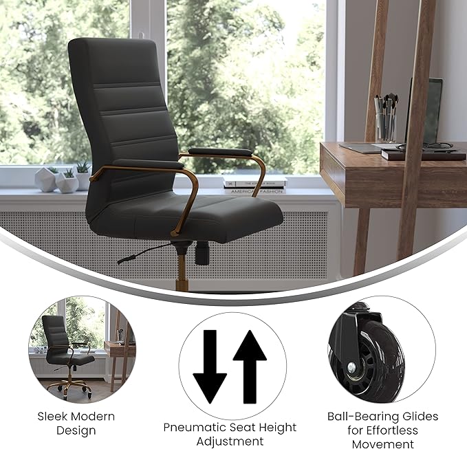 Flash Furniture Whitney High Back Black LeatherSoft Executive Swivel Office Chair with Gold Frame, Arms, and Transparent Roller Wheels