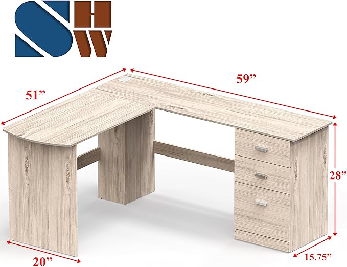 SHW 51 x 59 Inches L-Shaped Home Office Wood Corner Desk with Box Box File Drawers, Maple