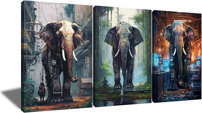 3 Pieces Abstract Animal Canvas Wall Art Home Decor Large Posters Upright Cyberpunk Giant Machine Elephants Painting Picture Artwork for Living Room Gym Workplace Stretched and Framed [60''W x 28''H]