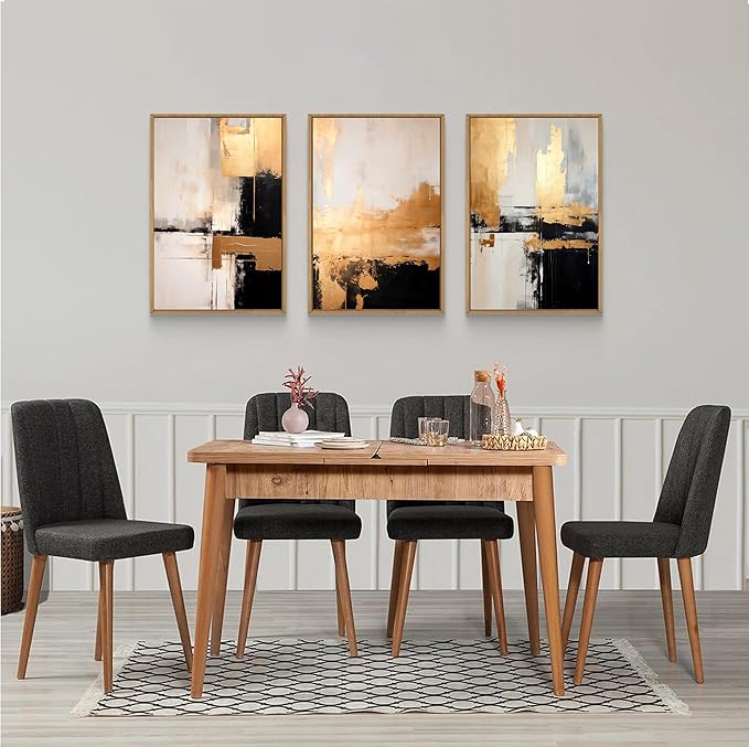 3Pcs Black Gold Abstract Wall Art Large Modern Minimalist Posters Prints Grey And Gold Graffiti Pictures And Paintings Neutral Art for Living Room Bedroom Bathroom Office Decorations Unframed