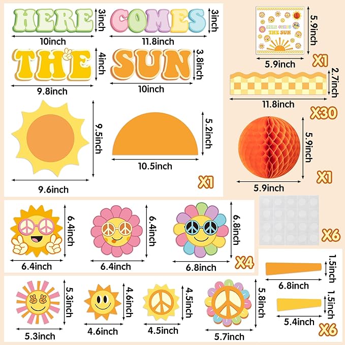 Xqumoi Retro Here Comes The Sun Bulletin Board Decorations - 84Pcs Groovy Hippie Boho Cutouts Name Tags Checkerboard Boarder Trim Back to School Classroom Preschool Kindergarten Chalkboard Wall Decor