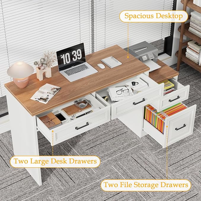 Vabches 61" Farmhouse Computer Desk with Storage and File Drawer, Executive Desks with Printer Stand, Rustic Large Home Writing Desk for Home Office.