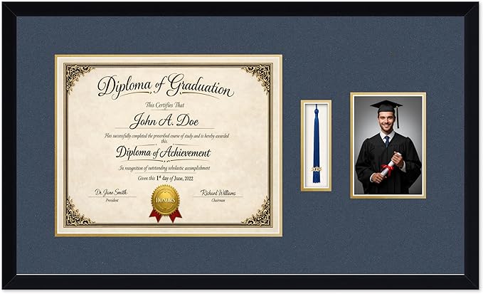 Diploma Tassel and Photo Frame Matte Black Shadowbox Navy Blue Over Gold Mat - Fits 15 x 12 Degree Picture Made in the USA