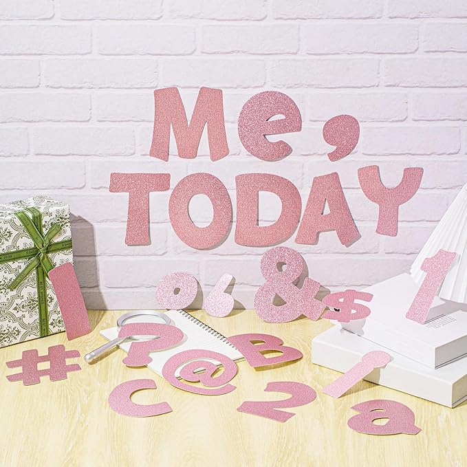 Colarr 216 Pcs Glitter Bulletin Board Letters for Classroom Number Alphabet Punctuation Symbol Cutout 4'' Die-Cut Poster Letter with Adhesive Dot School Party Holiday Decor Display(Light Pink)
