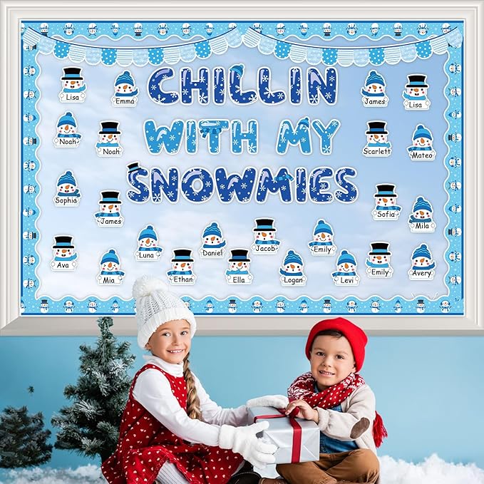 gisgfim Winter Bulletin Board Decorations Set Winter Snowman Name Tag Paper Cutouts Snowflake Winter Christmas Classroom Bulletin Board Decor for Holiday School Home Chalkboard Wall