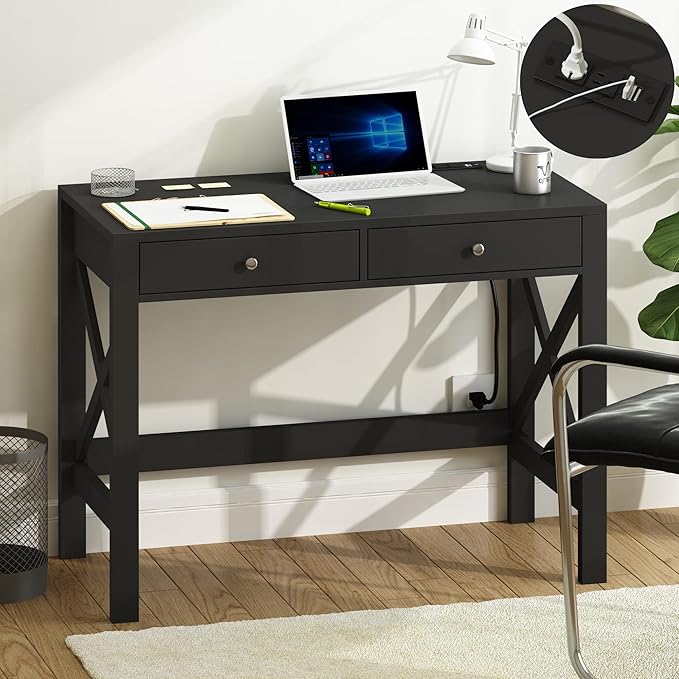 ChooChoo Computer Desk with USB Charging Ports and Power Outlets, Modern Simple 40 Inches Desk with Drawers, Makeup Vanity Console Table, Black