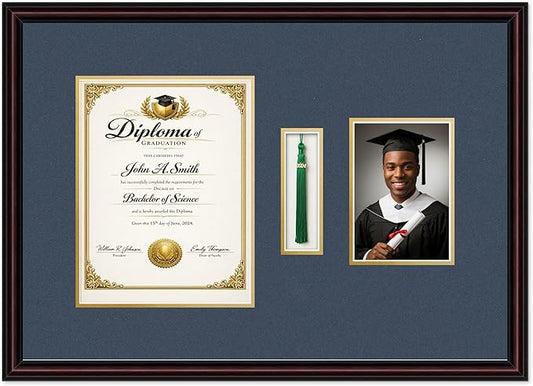 Diploma Tassel and Photo Shadowbox Fits 8.5 x 11 Certificate (Portrait) with Tassel H Executive Brown Genuine Hardwood with Navy Blue Over Metallic Gold Double mat