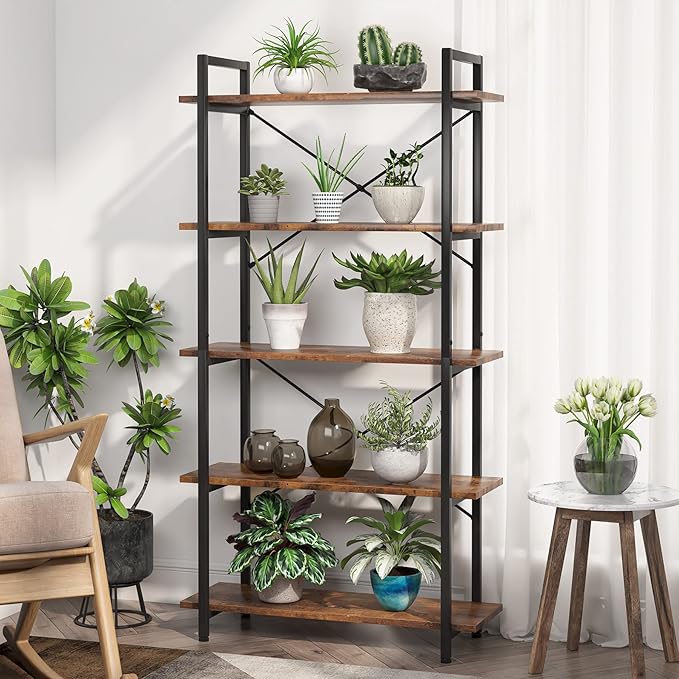 Tribesigns 5 Tier Bookshelf, Industrial Etagere Bookcase with Heavy-Duty Metal Frame, Rustic Tall Book Shelf Unit for Living Room, Study, Home Office (1, Rustic)