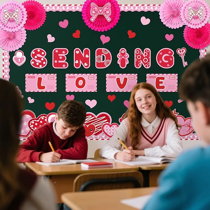 Valentine's Day Bulletin Board Set Sending Love Classroom Decorations Pink and Red Mail Romantic Heart Cutouts with Paper Fans for Door Wall Decor Holiday Wedding Birthday Party Display