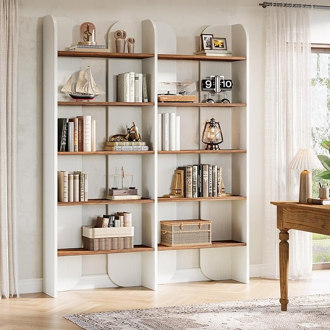 Tribesigns 5-Tier Farmhouse Bookshelf, 70.87-Inch Tall Double Wide Bookcase with Open Shelves, Vintage Floor Standing Book Shelf (2, White+Brown)