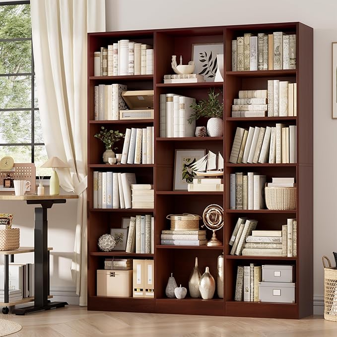 FACBOTALL Triple Wide Bookshelf, 6 Tier Large Bookshelf, Bookcase with 17 Open Display Shelves, 74'' Tall Bookcases and Bookshelves for Living Room, Home Office, Library, Cherry