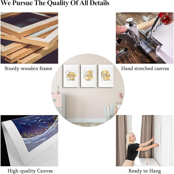 SHMAO Gold Office Canvas Wall Art Motivational Wall Decor, 3 Piece Stay Work Make Print Pictures for Office Wall Decor Women Inspirational Framed Artwork Home Office Decor 20”x30”x3 Panels