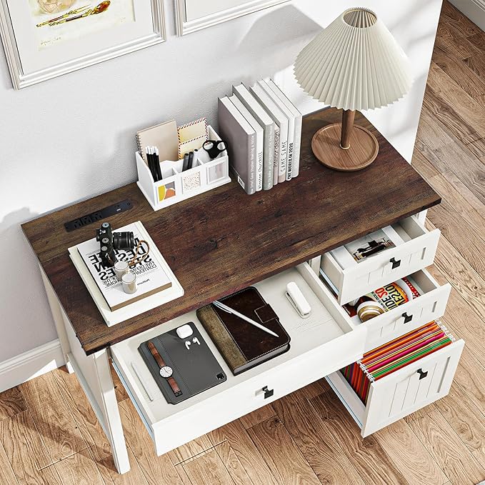 Farmhouse Executive Desk 45 inch Computer Desk with 4 Drawers, Smart Charging Station, Home Office & Study Room Essential for Remote Workers, Professionals & Students.Antique White