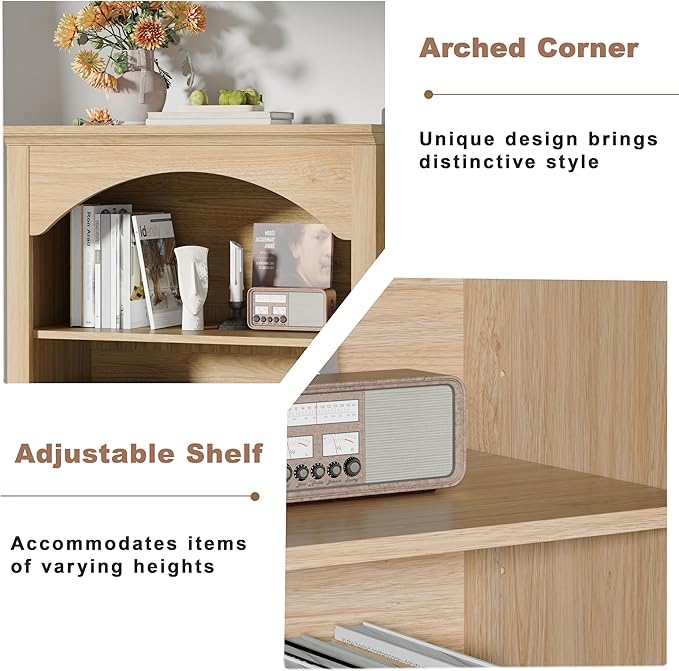 56" H Tall Bookshelf and Bookcase, Arched Book Shelf with 4-Tier Open Shelves, Wooden Storage Bookcase Freestanding Display Bookshelves for Bedroom, Living Room, Natural Oak