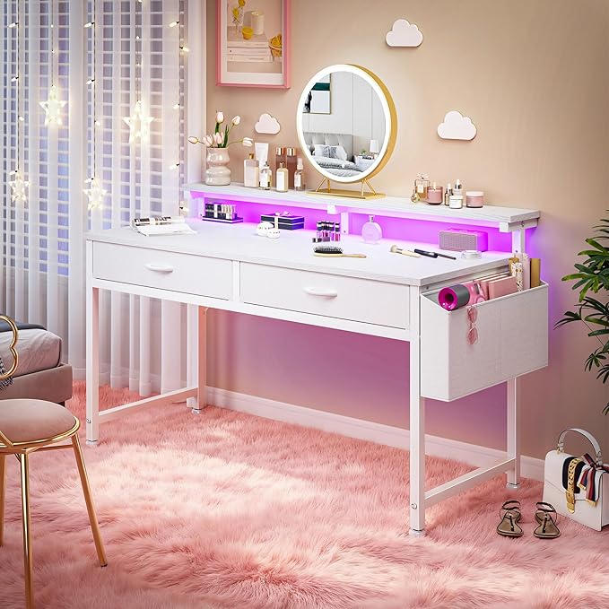 47.3Inch Computer Desk with 2 Drawers & LED Lights,Home Office Desks with Side Pocket,Gaming Desk Monitor Stand,Study Writing Table for Small Spaces,White