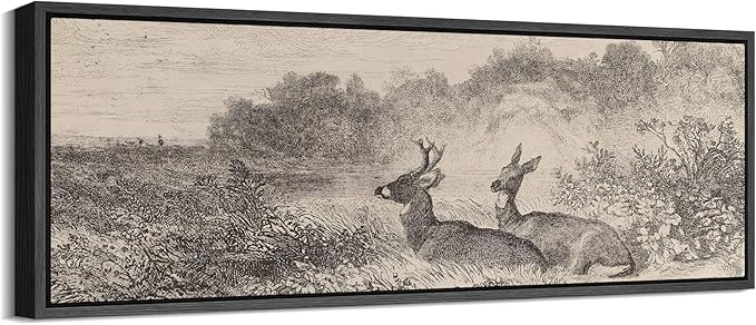 SIGNFORD Large Framed Canvas Vintage Deer Meadow Landscape Illustrations Modern Art Calm Warm for Living Room, Bedroom, Office - 60"x20"