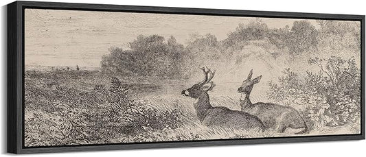 SIGNFORD Large Framed Canvas Vintage Deer Meadow Landscape Illustrations Modern Art Calm Warm for Living Room, Bedroom, Office - 60"x20"