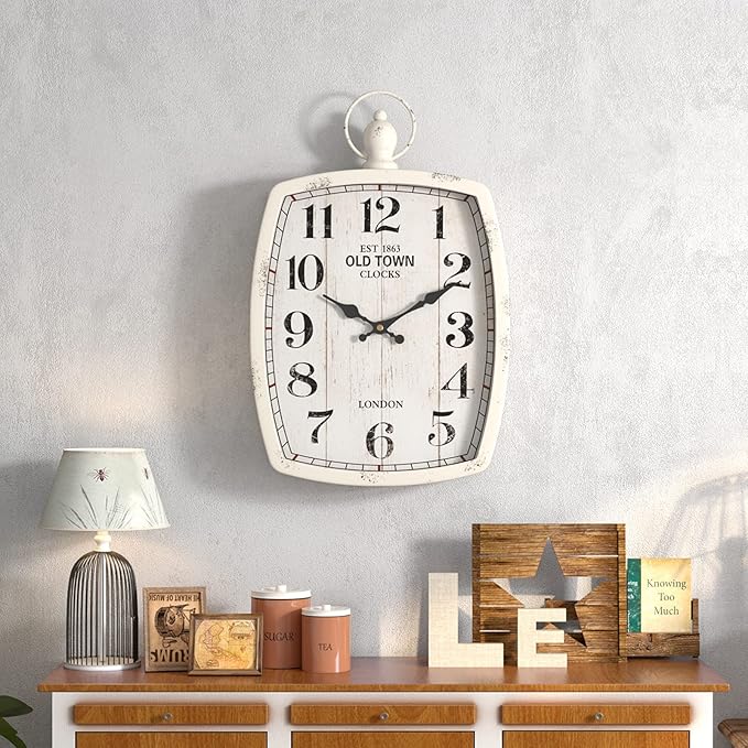 Menterry Large Retro Rectangle Wall Clock, White Antique Vintage Style, Battery Operated Silent Decor Wall Clocks for Living Room,Farmhouse,Kitchen,Office (15.5" H x 10.2" W)