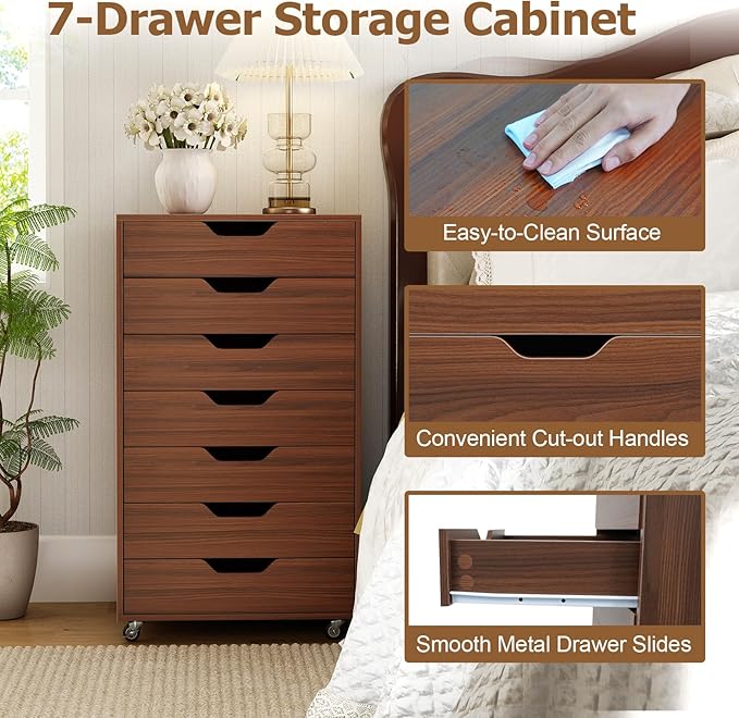 7 Drawer File Cabinet, 34.5" Vertical Storage Drawer Cart, Under Desk Office Organizer, Wooden Printer Stand, Rolling Filing Cabinet for Home Office (Walnut)