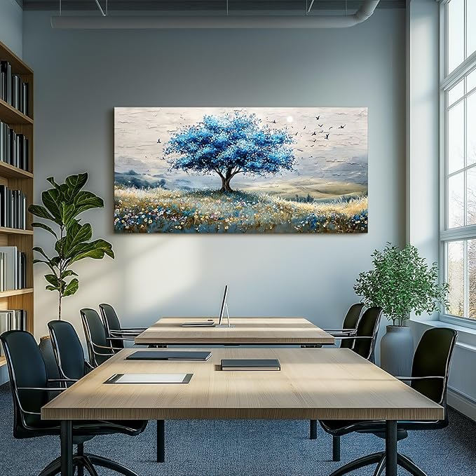 SERIMINO Tree of Life Large Wall Art, Country Landscape Canvas Art Prints, Blue Tree Nature Artwork for Walls, Modern Wall Pictures for Living Room Bedroom Dining Room, Rustic Farmhouse Decor 29"X57"