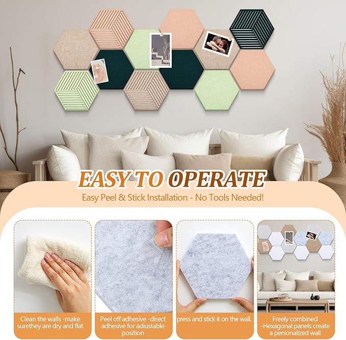 12 Pcs Hexagon Cork Boards Tiles for Walls Decor 12 x 10 Inch Cork Bulletin Board Tiles with 50 Pins, Pin Board for Office Home for Office & Home for Notes Photos and DIY Classroom Decor